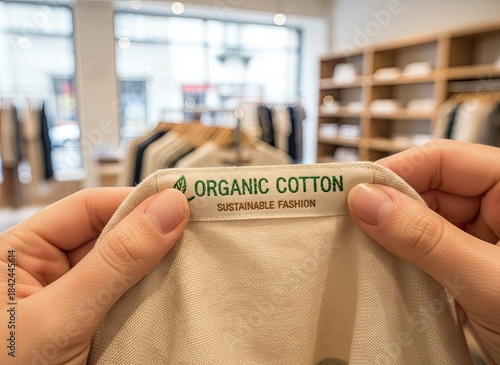 Close-up of Hands Holding Organic Cotton Label on Natural Fabric Garment in a Sustainable Clothing Store with Wooden Racks and Soft Lighting
