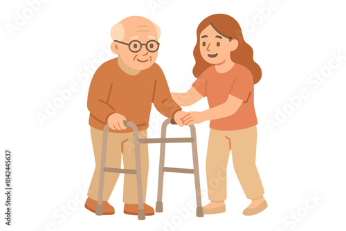 Young woman helping elderly man walk with a mobility walker device for support and care