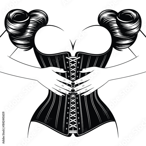 Elegant black corset with swirling horns and delicate hands drawing attention