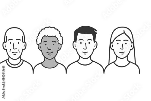 Simple line art portraits showing a diverse group of four smiling people