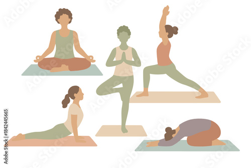 Set of five figures practicing yoga poses including stretching balance and meditation