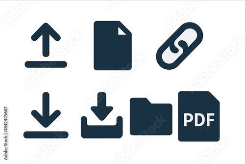 Essential user interface icons collection for data management, operations, upload, and download