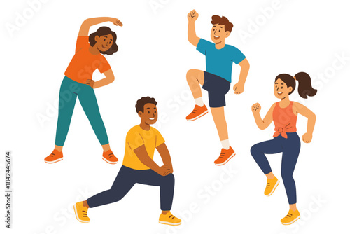 Diverse group of people performing various fitness exercises and stretching routines together