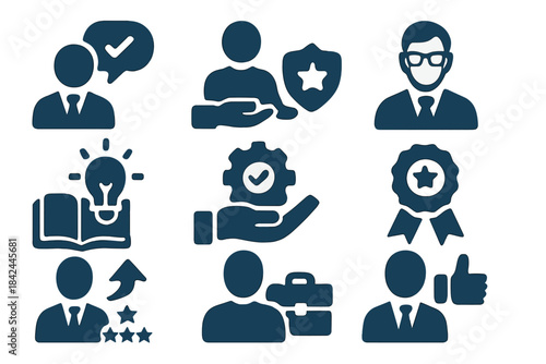 Set of monochromatic business symbols representing professional success, quality assurance, and expertise
