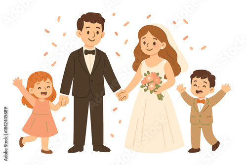 Joyful bride and groom standing with their happy children during a wedding ceremony celebration