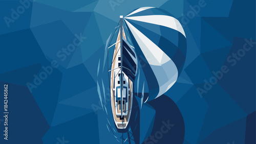Modern geometric yacht sailing in ocean with polygonal art design