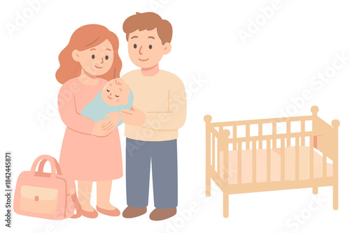Happy parents holding their newborn baby next to a wooden crib and diaper bag after hospital discharge