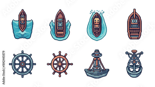 Nautical pixel art: boats, helm, and buoys in retro game style
