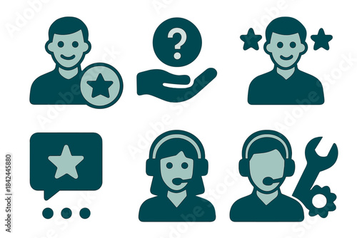 Customer service, support, and feedback icons set with user ratings and technical assistance symbols