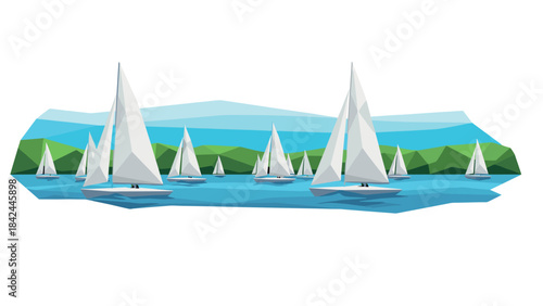 Polygonal sailboat regatta on a calm lake with geometric hills in the background