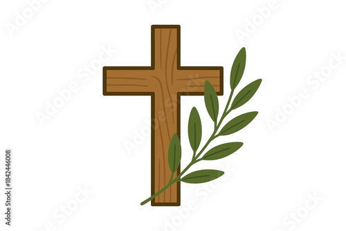 Wooden Christian cross with an olive branch symbolizing peace and faith
