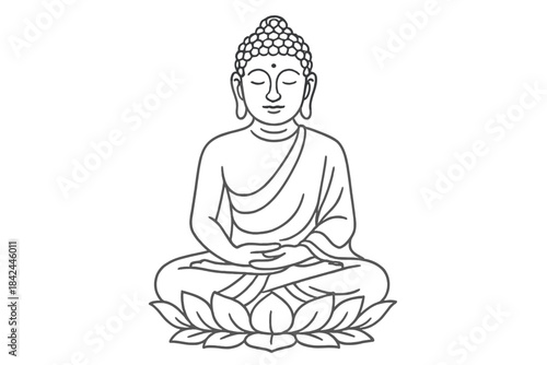 Minimalist black outline of Buddha meditating in Padmasana lotus position on a flower base