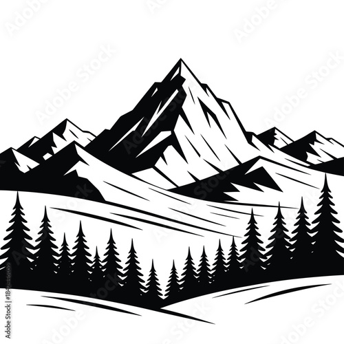 A striking black and white illustration of a mountain range with pine trees