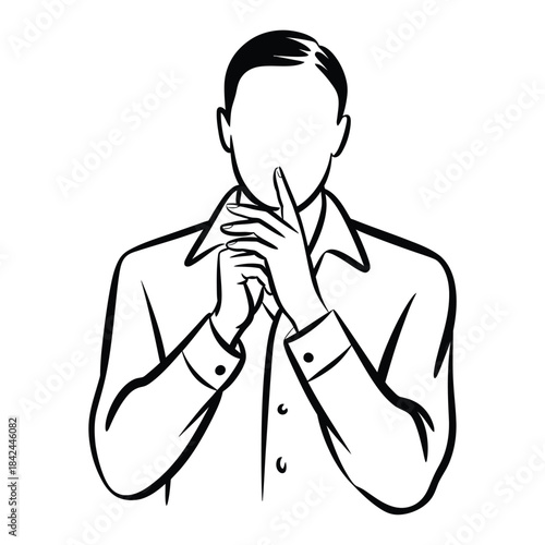A sketch of a man in a suit making a quiet gesture
