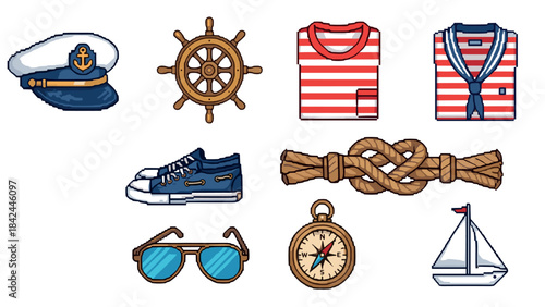 Nautical themed pixel art icons featuring sailor hat, wheel, and striped shirts