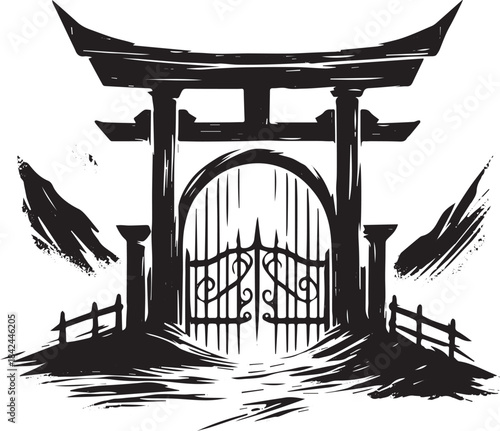 Mystical portal gateway icon in minimalist ink style, a serene g
