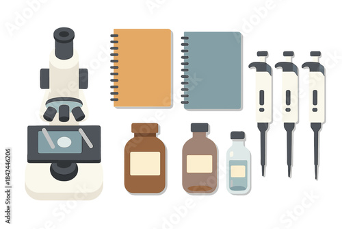 Collection of scientific research tools including microscope, automatic pipettes, and notebooks
