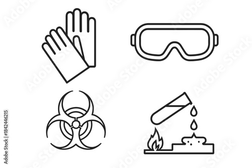 Essential personal protective equipment and chemical hazard warning signs set