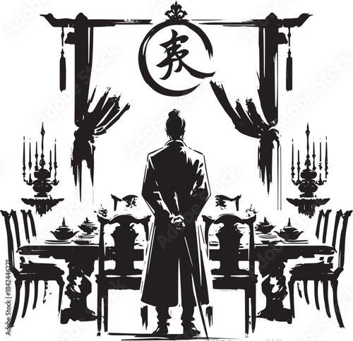 Ink illustration of a man standing before a formal banquet setti