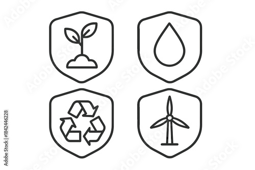 Four environmental sustainability shields showing nature, water, recycling, and wind power symbols