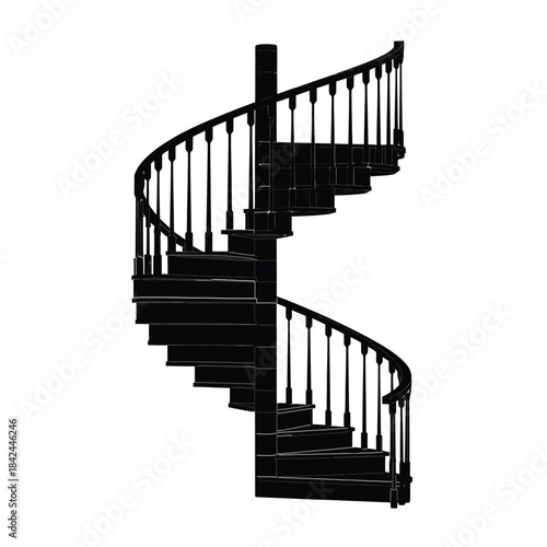 A striking black and white image of a classic spiral staircase design