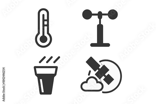 Meteorological measurement icons set featuring thermometer, anemometer, and weather forecasting tools