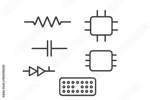 Essential electronic circuit symbols and components set including resistor, capacitor, diode, and microchips