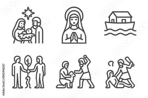 Outline symbols depicting major events and characters from the Bible and Christianity
