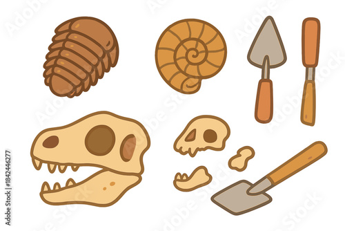 Cute cartoon dinosaur skull, ancient fossils, trilobite, ammonite, and archaeology tools