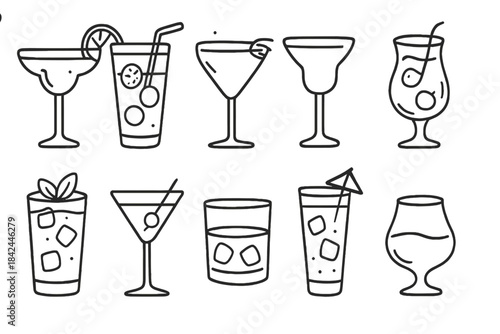 Black and white outline set of various cocktail and beverage glasses