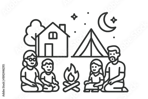 Family camping trip with parents and children sitting around a bonfire near a tent under the night sky