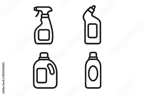 Outline symbols representing liquid detergent and chemical cleaning supplies set