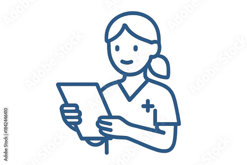 Friendly female healthcare professional holding a clipboard and smiling while wearing scrubs