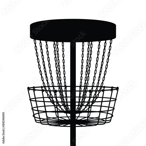 A black silhouette of a disc golf basket with chain netting