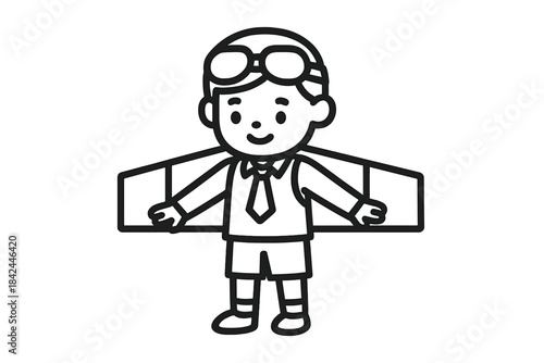 Happy young boy wearing aviator goggles and cardboard wings pretending to fly like an airplane