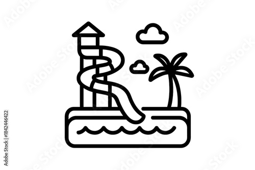 Large water park slide structure next to a tropical palm tree and swimming pool