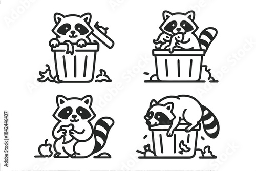 Four cute raccoons interacting with garbage cans and eating discarded food scraps
