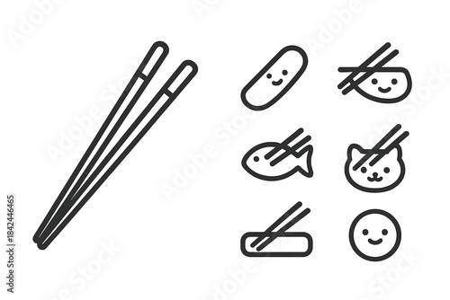 Cute smiling Asian food characters including sushi, fish, cat head, and chopsticks symbols