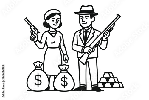 Vintage couple holding guns standing next to bags of money and gold bars