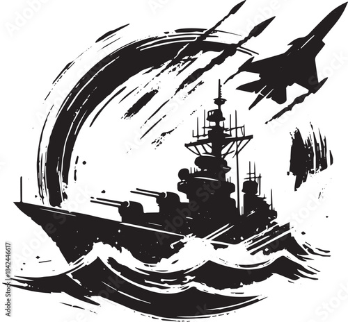 Monochrome naval warfare illustration with battleship and fighte
