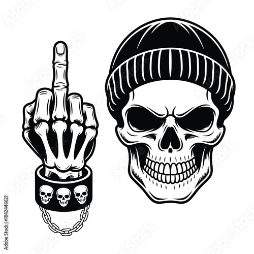 Skull wearing a beanie displaying a defiant hand gesture with chain details