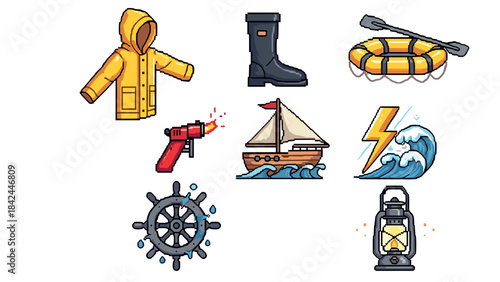 Pixel art nautical icons: raincoat, boots, life buoy, watercraft, lantern, compass, paddle
