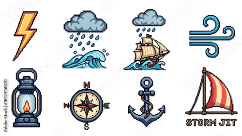 Pixel art nautical elements set with storm clouds, anchor, and sailboat