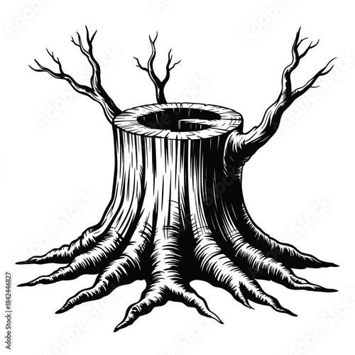 A detailed black and white illustration of a weathered tree stump