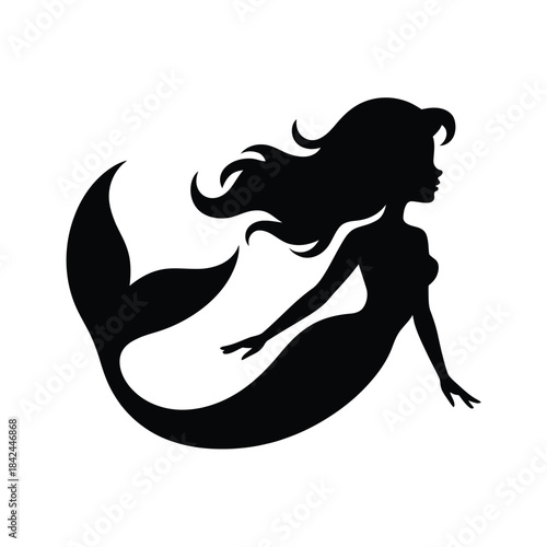 Elegant silhouette of a mermaid with flowing hair and a curved tail