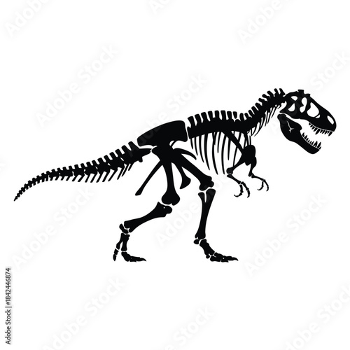 A detailed illustration of a tyrannosaurus rex dinosaur skeleton profile