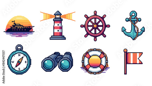 Nautical pixel art collection: lighthouse, anchor, compass, and more