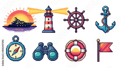 Nautical icons in retro pixel art style featuring sunset, lighthouse, and sailing elements