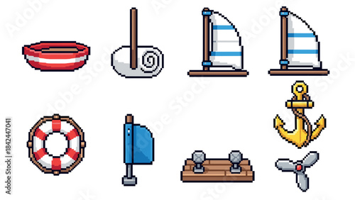 Pixel art nautical icons set: boats, anchors, and maritime equipment