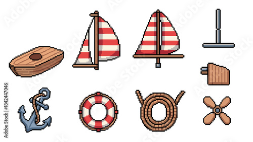 Pixel art nautical icons: sailboat, anchor, lifebuoy, rope, propeller